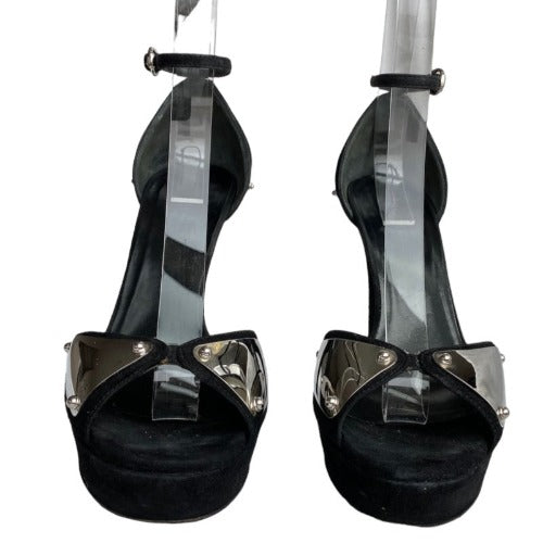 GUCCI Black Suede Silver Mirror Metal Embossed Ankle Strap Heeled Sandals, Size39