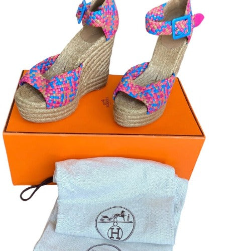 HERMES Multicolor Braided Leather Ankle Strap Espadrille Wedges Sandals, Size 40