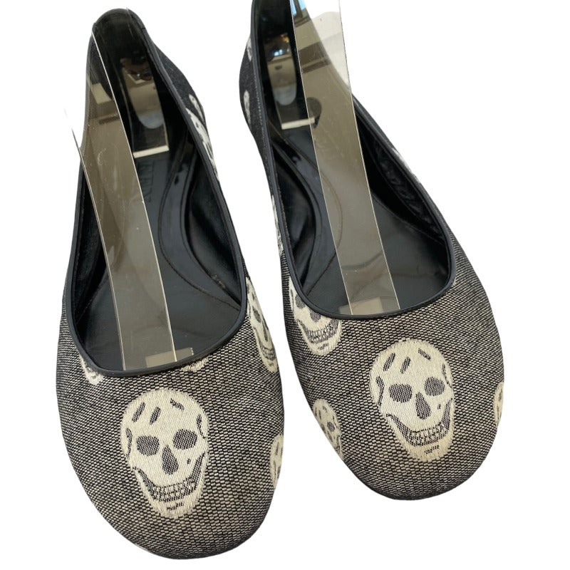 ALEXANDER MCQUEEN Skull Printed Black Round Toe Canvas Ballet Flats, Size 40.5