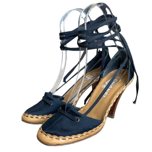 CHANEL Black Satin Interlocking Pearl CC Logo Lace Up D'Orsay Sandals Size 37.5