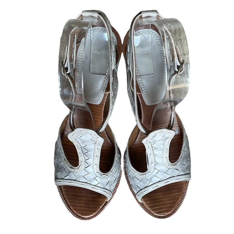 BOTTEGA VENETA Grey Intrecciato Leather Ankle Strap Platform Sandals, Size 36.5