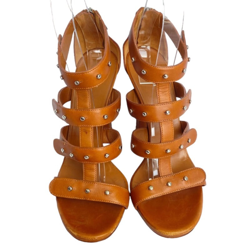 GUCCI Brown Leather, Studded, Strappy Gladiator Heeled Sandals, Size 39.5