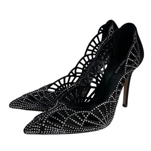 GIORGIO ARMANI Crystal Embellished Black Suede Pointed Toe Laser Cut Pumps, Size 36