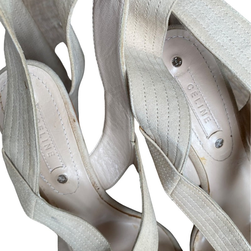 NWD CELINE Beige Suede Ankle Wrap Platform Sandals, Size 38.5