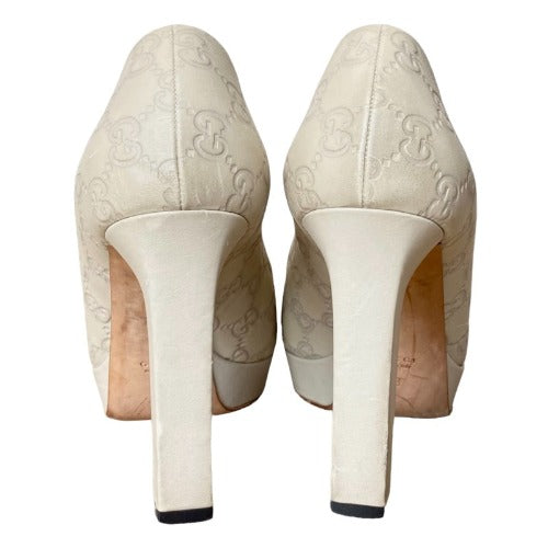 GUCCI Off White Guccissima Leather Horsebit Peep Toe Platform Pumps, Size 39