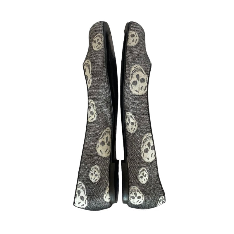 ALEXANDER MCQUEEN Skull Printed Black Round Toe Canvas Ballet Flats, Size 40.5