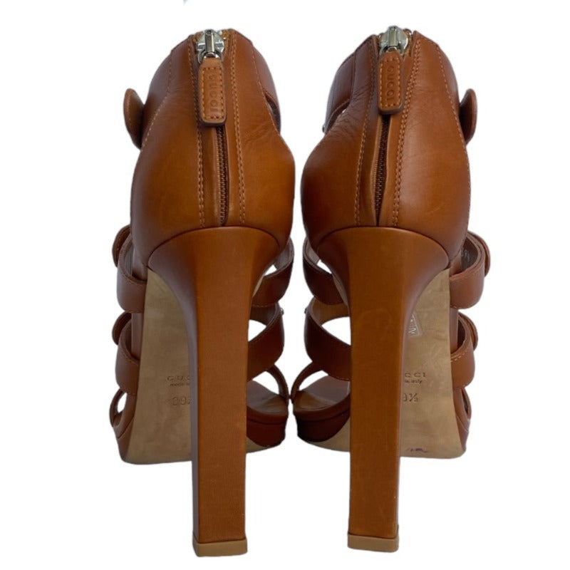 GUCCI Brown Leather, Studded, Strappy Gladiator Heeled Sandals, Size 39.5