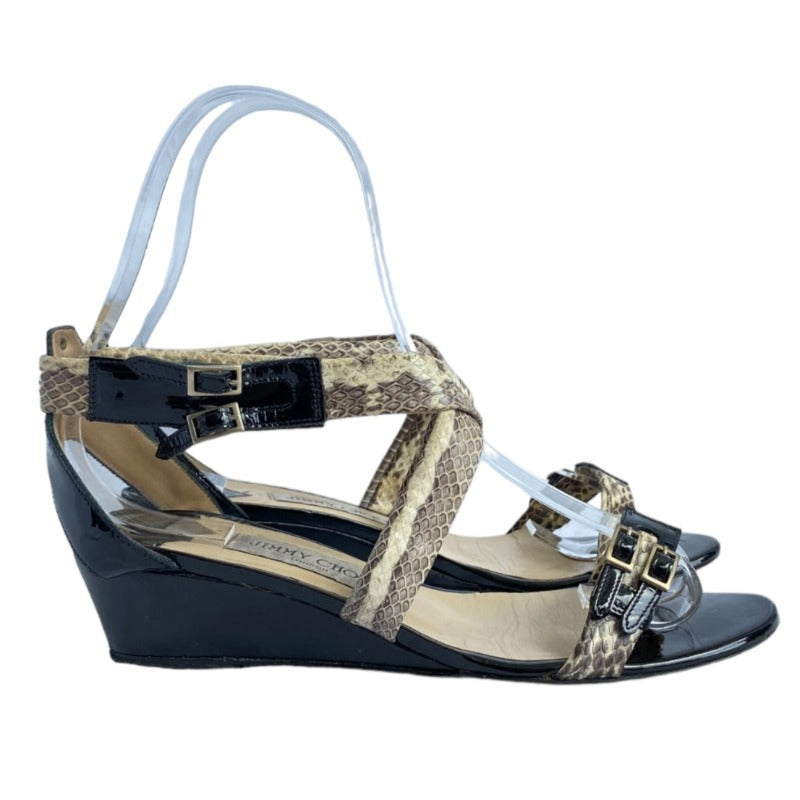 JIMMY CHOO Chiara Python & Black Patent Leather Strappy Demi Wedge Sandals, 38