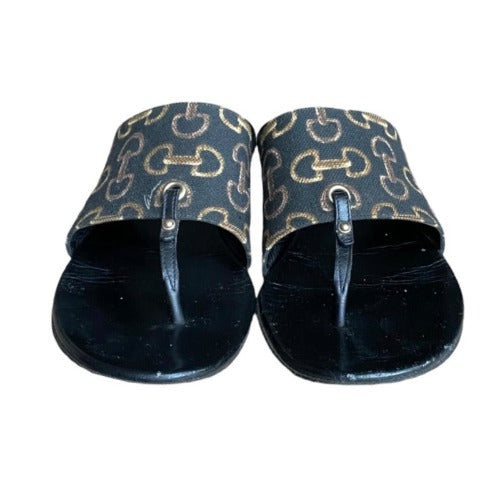 GUCCI Black Brown Horsebit Pattern Canvas Leather Flat Thong Sandals, Size 38.5