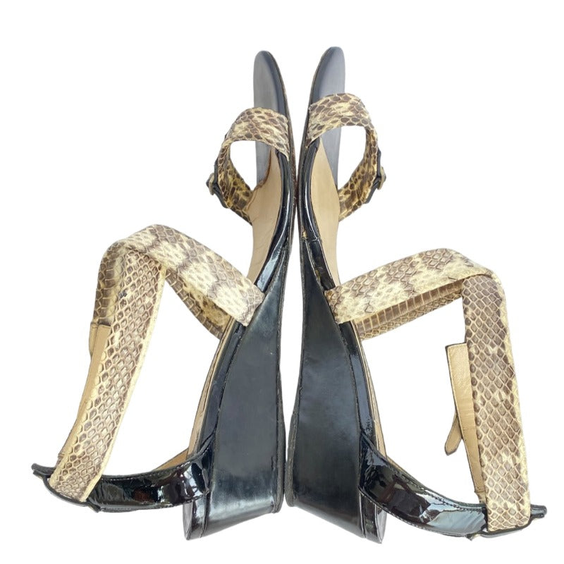 JIMMY CHOO Chiara Python & Black Patent Leather Strappy Demi Wedge Sandals, 38