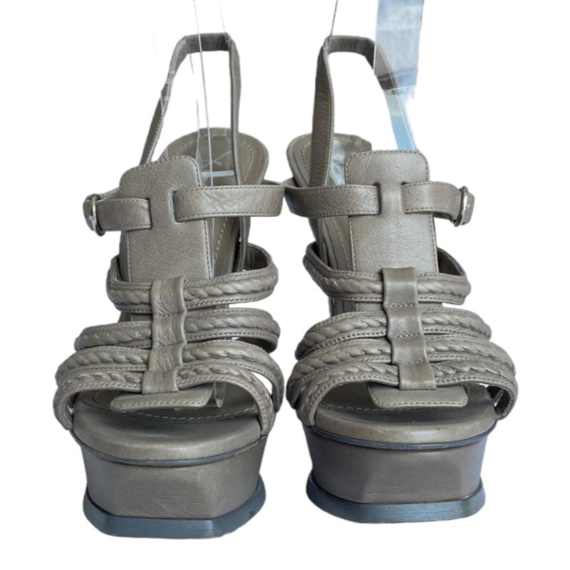 YVES SAINT LAURENT Gray Leather Strappy Slingback Platforms Sandals, Size 38.5