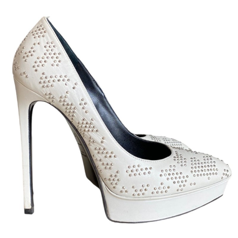 YSL YVES SAINT LAURENT White Leather Studded Janis Platform Pointed Toe Pumps, 37