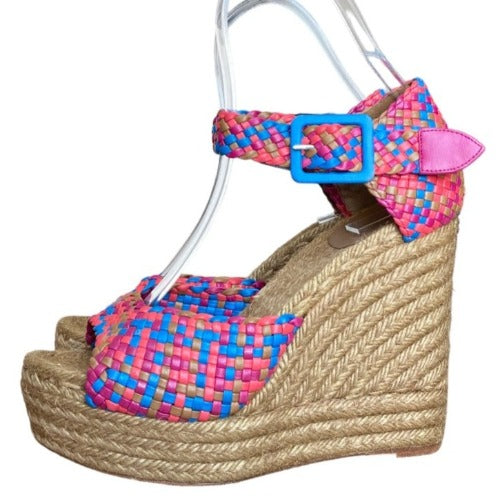 HERMES Multicolor Braided Leather Ankle Strap Espadrille Wedges Sandals, Size 40