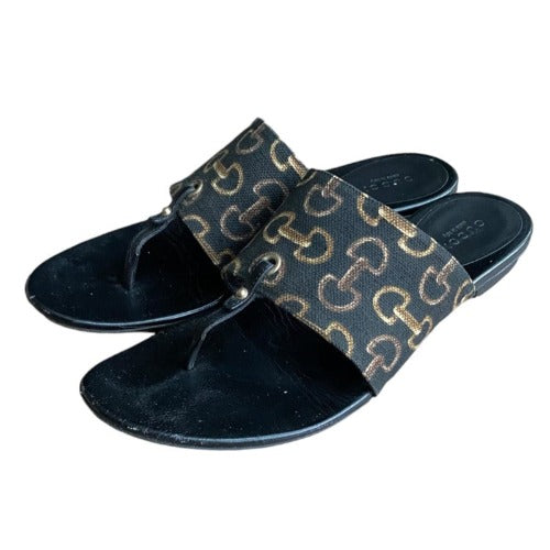 GUCCI Black Brown Horsebit Pattern Canvas Leather Flat Thong Sandals, Size 38.5