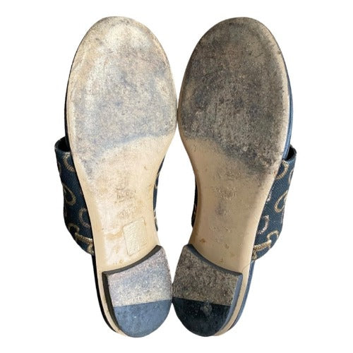 GUCCI Black Brown Horsebit Pattern Canvas Leather Flat Thong Sandals, Size 38.5