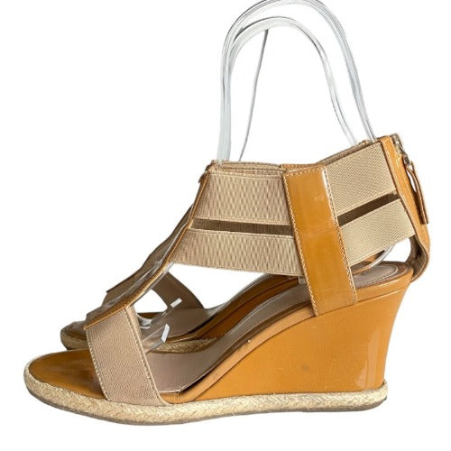 FENDI Beige Patent Leather and Elastic T-Strap Espadrille Wedge Sandals, Size 36