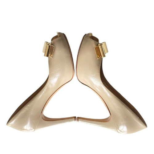 SALVATORE FERRAGAMO Poudre Leather Metal Bow Peep Toe Platform Pumps, Size 36