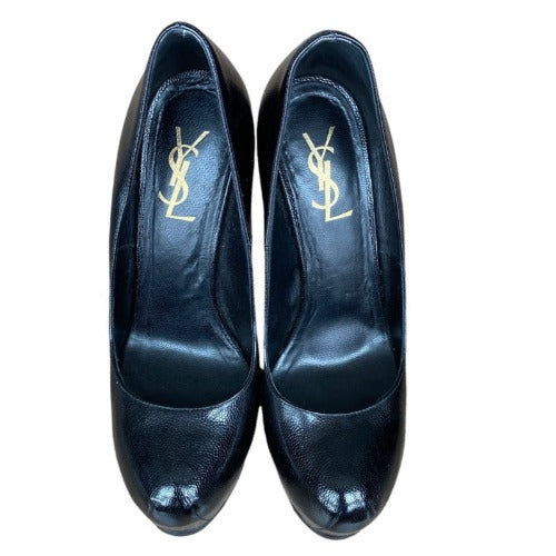 YSL YVES SAINT LAURENT Black Leather Tribtoo Tribute Platform Pumps Size 37.5