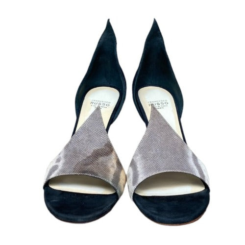 FRANCESCO RUSSO Riso 87 Black Suede Greige Nubuck D’Orsay Open Toe Sandals, 37