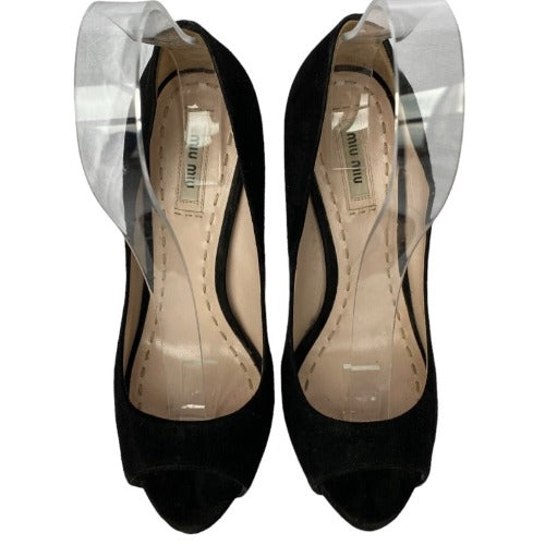 MIU MIU Black Suede Platform Peep Toe Pumps, Size 39