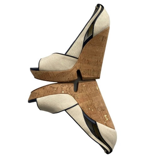 NEW YVES SAINT LAURENT Deauville Canvas Peep Toe Wedge Cork Sandals Ivory, Size 40