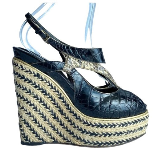 CHRISTIAN DIOR Black Beige Python Wedge Espadrille Sandals, Size 40