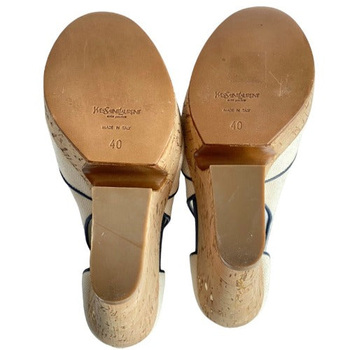 NEW YVES SAINT LAURENT Deauville Canvas Peep Toe Wedge Cork Sandals Ivory, Size 40