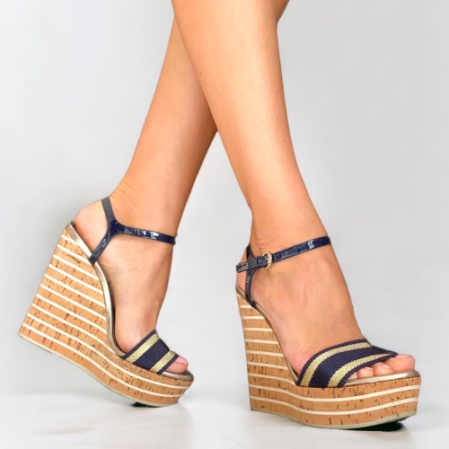 GUCCI Gold, Navy Canvas, Navy Patent Ankle Strap Cork Wedge Sandals, Size 37