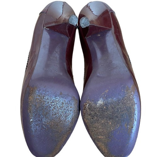 YVES SAINT LAURENT Burgundy Patent Leather Almond Toe Pumps, Size 38.5