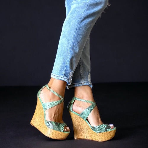 ALEXANDRE BIRMAN Green Python Leather Strappy Cork Wedge Sandals, Size 37