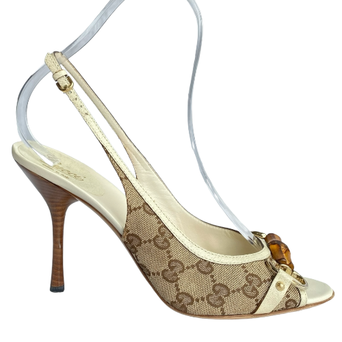 GUCCI Beige Canvas Bamboo Guccissima Horsebit Slingback Sandals, Size 40
