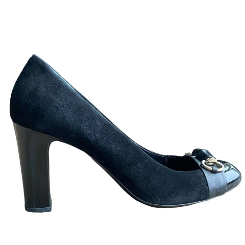 GUCCI Black Suede Horsebit Patent Leather Cap Toe & Heeled Pumps, Size 40.5