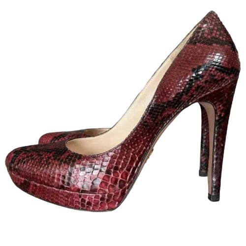 PRADA Burgundy Python Leather Round Toe Platform Pumps, Size 37.5