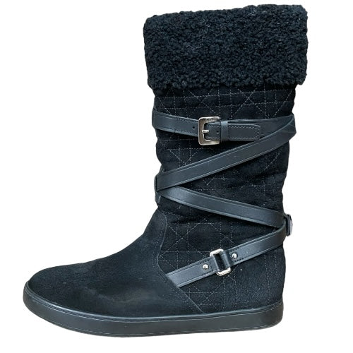 CHRISTIAN DIOR Black Soft Cannage Shearling Trim High Boots, Size 36.5