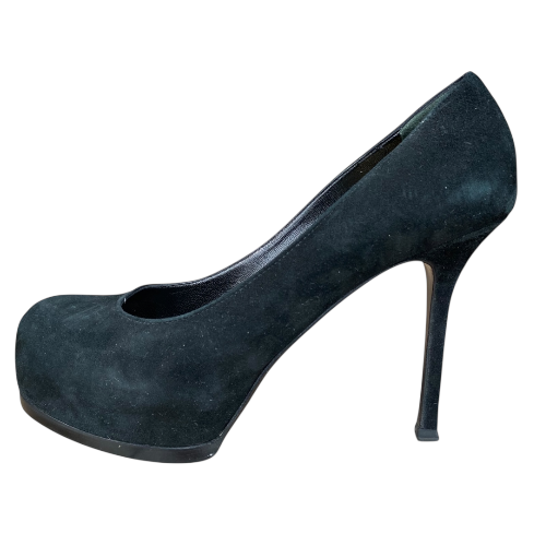 YSL YVES SAINT LAURENT Black Suede Tribtoo Tribute Platform Pumps, Size 38.5