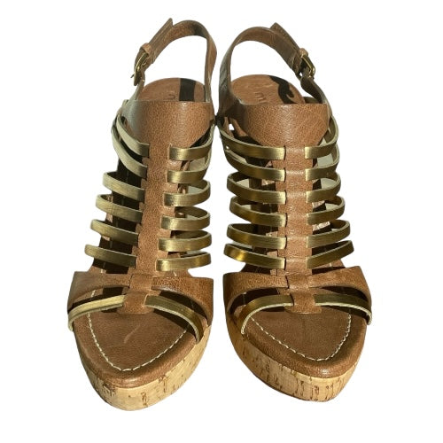 NEW MIU MIU Brown & Gold Leather Strappy Cork Platform Heel Sandals, Size 36