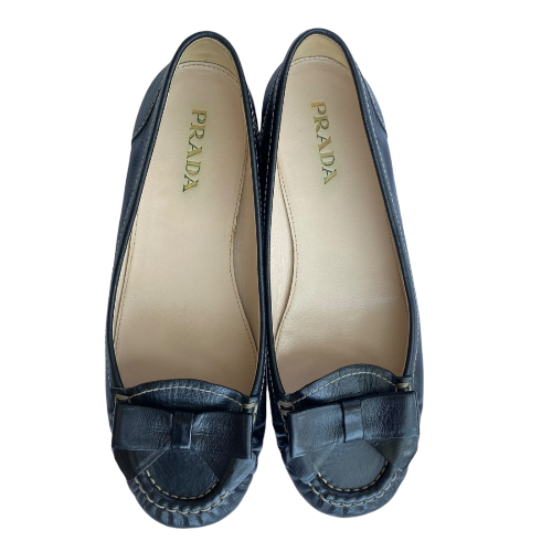 PRADA Black Leather Bow Detail Ballet Flats, Size 35.5