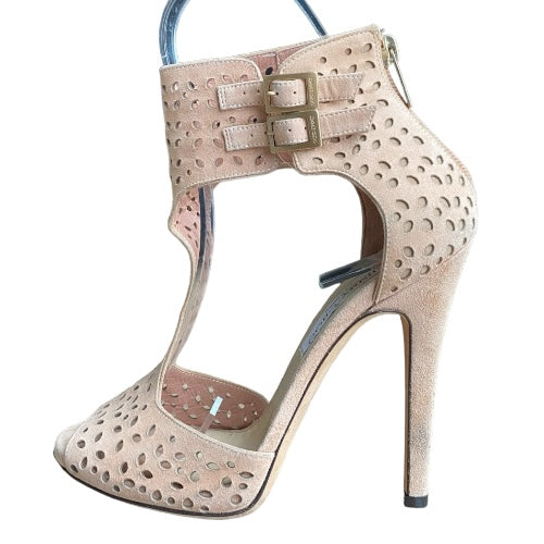 JIMMY CHOO Peach Pink Laser Cut Suede T Strap Peep Toe Sandals, Size 37.5