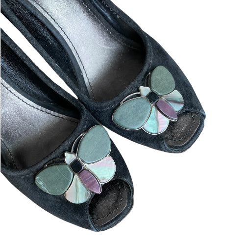 LOUIS VUITTON Black Suede Butterfly Peep Toe Wedge Pumps, Size 39.5