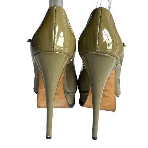 YVES SAINT LAURENT Olive Green Patent Leather Tribute Mary Jane Pumps, Size 38.5