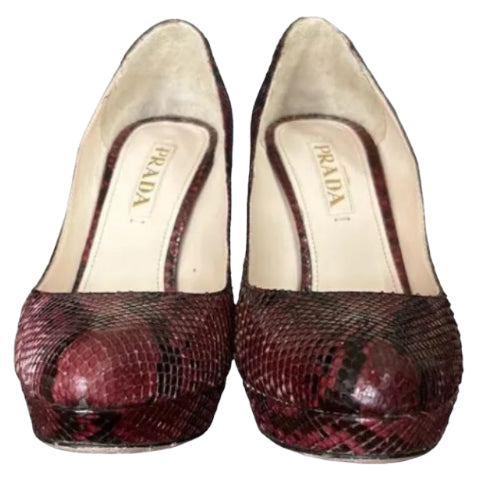 PRADA Burgundy Python Leather Round Toe Platform Pumps, Size 37.5