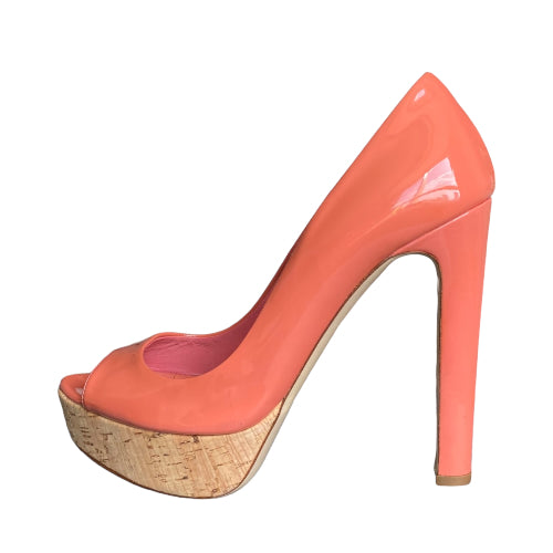 MIU MIU Coral Patent Leather Cork Platform Peep Toe Pumps, Size 37.5