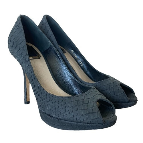 CHRISTIAN DIOR Miss Dior Black Python Leather Peep Toe Pumps, Size 37.5