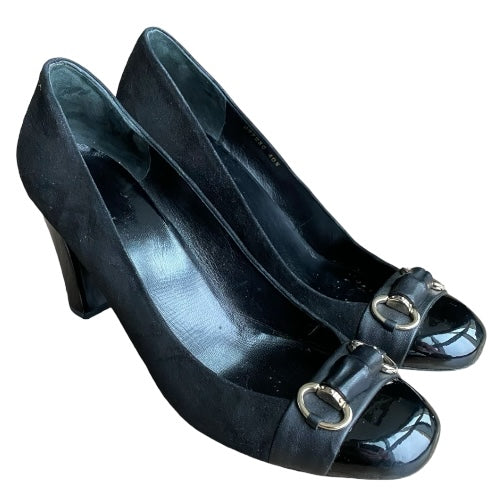 GUCCI Black Suede Horsebit Patent Leather Cap Toe & Heeled Pumps, Size 40.5
