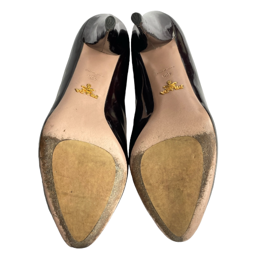 PRADA Dark Burgundy Patent Leather Triangle Heel Pumps, Size 40.5
