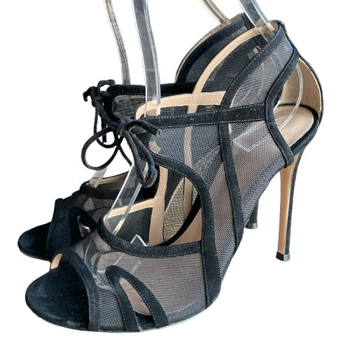 GIANVITO ROSSI Black Mesh & Suede Caged Open Toe Pumps, Size 39