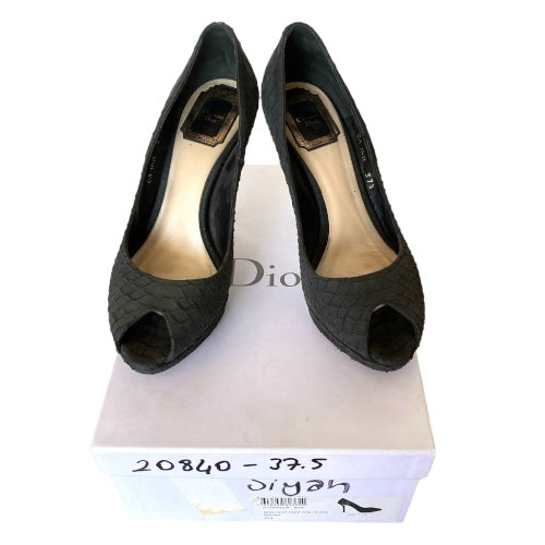 CHRISTIAN DIOR Miss Dior Black Python Leather Peep Toe Pumps, Size 37.5