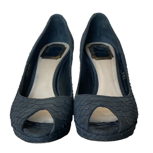CHRISTIAN DIOR Miss Dior Black Python Leather Peep Toe Pumps, Size 37.5