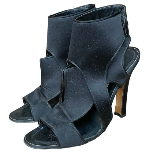 MANOLO BLAHNIK Black Satin Cutout Accents Slingback Heeled Sandals , Size 37