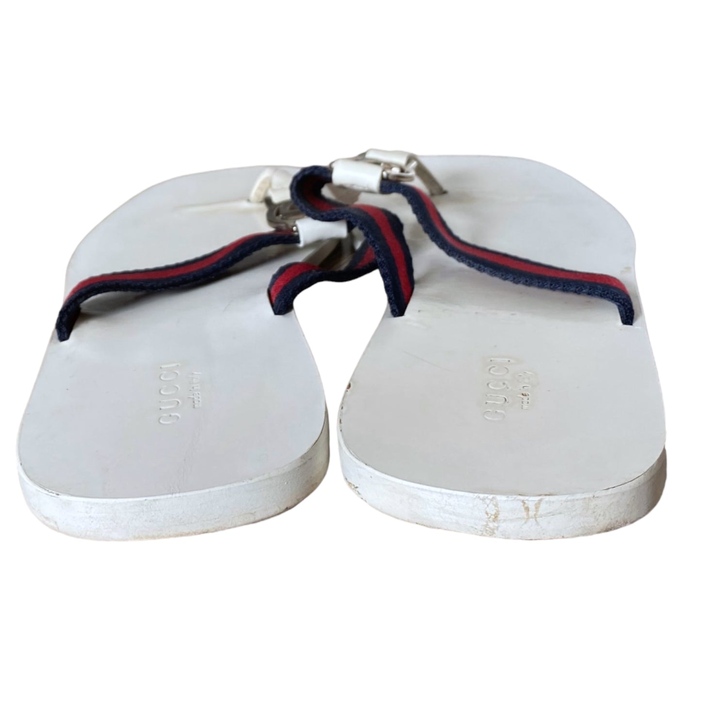 GUCCI White Enamel GG Web Flip Flops Navy & Red Flat Thong Sandals, Size 39